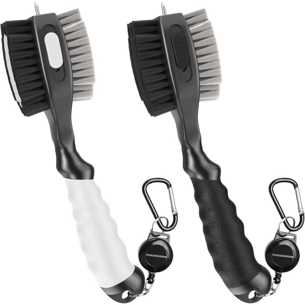 imageTHIODOON 2 Pack Golf Club Brushes and Groove Cleaner 2 ft Retractable Zipline Carabiner Golf Brush Head with Retractable Spike Comfortable Grip Golf Club Cleaner2pcs Black  White