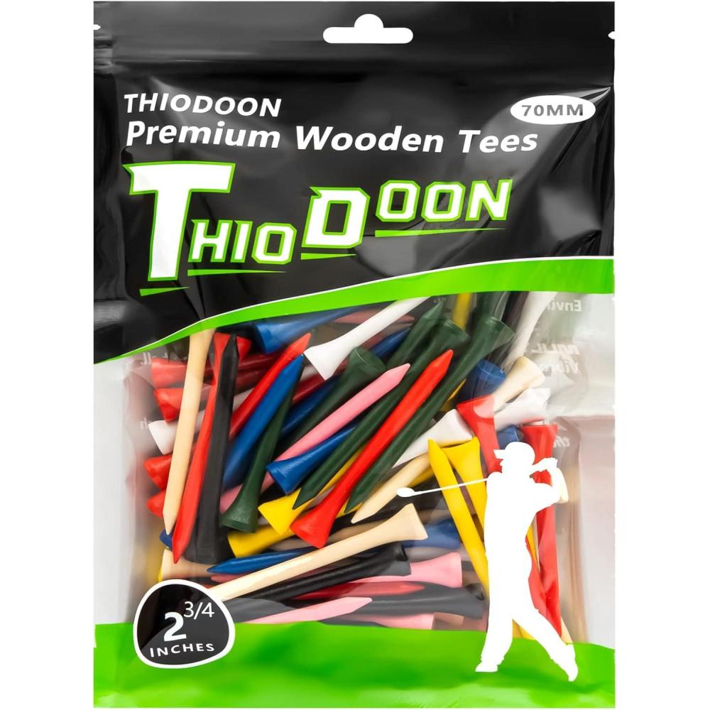 imageTHIODOON Golf Tees Professional Natural Wood Golf Tees Pack of 100 Golfing Tees Multiple Colors Size 314 inch 234 inch or 218 inch Tall Golf Tees Bulk Reduce Side Spin and FrictionMixed Color 234 Inch 70mm