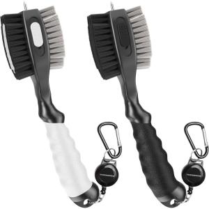 THIODOON 2 Pack Golf Club Brushes and Groove Cleaner 2 ft Retractable Zipline Carabiner Golf Brush Head with Retractable Spike Comfortable Grip Golf Club Cleaner(2pcs Black & White)