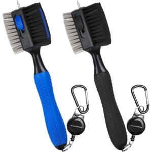 THIODOON 2 Pack Golf Club Brushes and Groove Cleaner 2 ft Retractable Zipline Carabiner Golf Brush Head with Retractable Spike Comfortable Grip Golf Club Cleaner(2pcs Blue & Black)