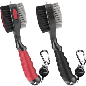THIODOON 2 Pack Golf Club Brushes and Groove Cleaner 2 ft Retractable Zipline Carabiner Golf Brush Head with Retractable Spike Comfortable Grip Golf Club Cleaner(2pcs Black & Red)