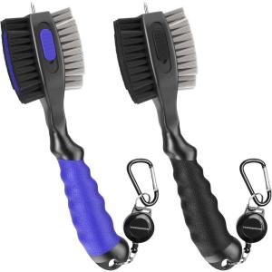THIODOON 2 Pack Golf Club Brushes and Groove Cleaner 2 ft Retractable Zipline Carabiner Golf Brush Head with Retractable Spike Comfortable Grip Golf Club Cleaner(2pcs Black & Blue)