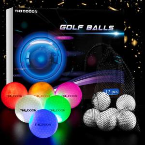 THIODOON Glow in The Dark Golf Balls – 7 Color LED, No Timer, Easy On/Off, 6 Pack(Upgraded 12 Pack- Timer Resettable)